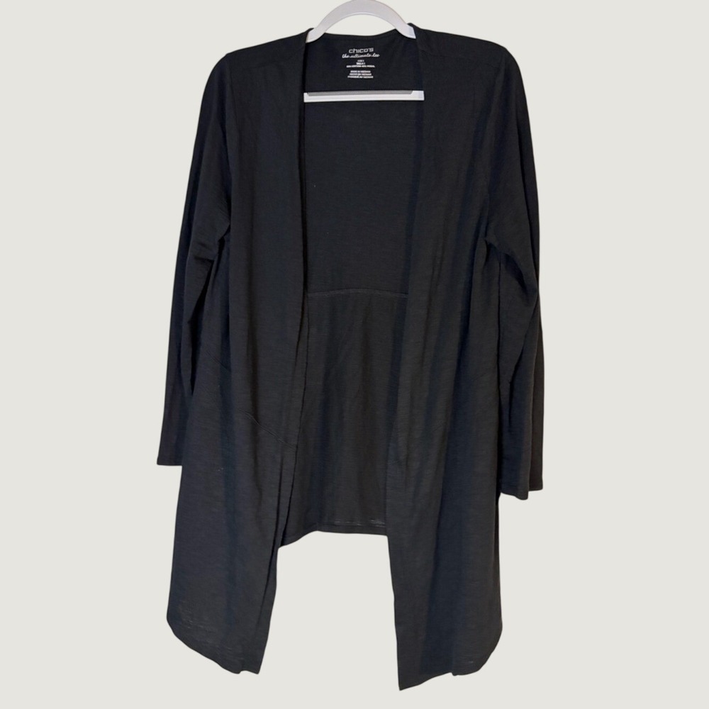 Chicos The Ultimate Tee Black‎ Open Front Cardigan Pockets Size 1 M Cotton Modal